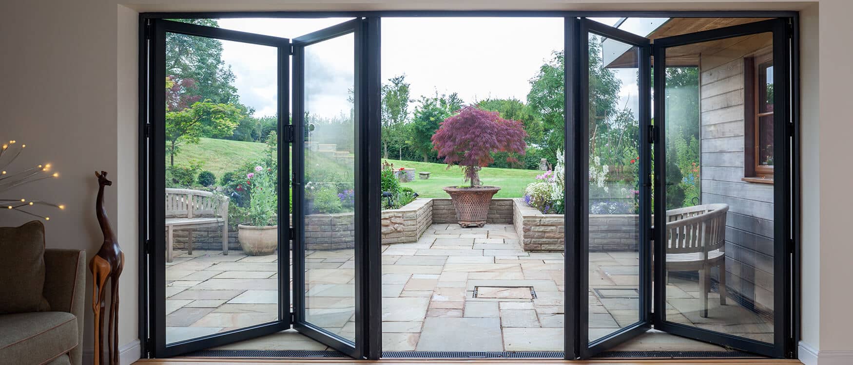 Black aluminium bifold door interior view